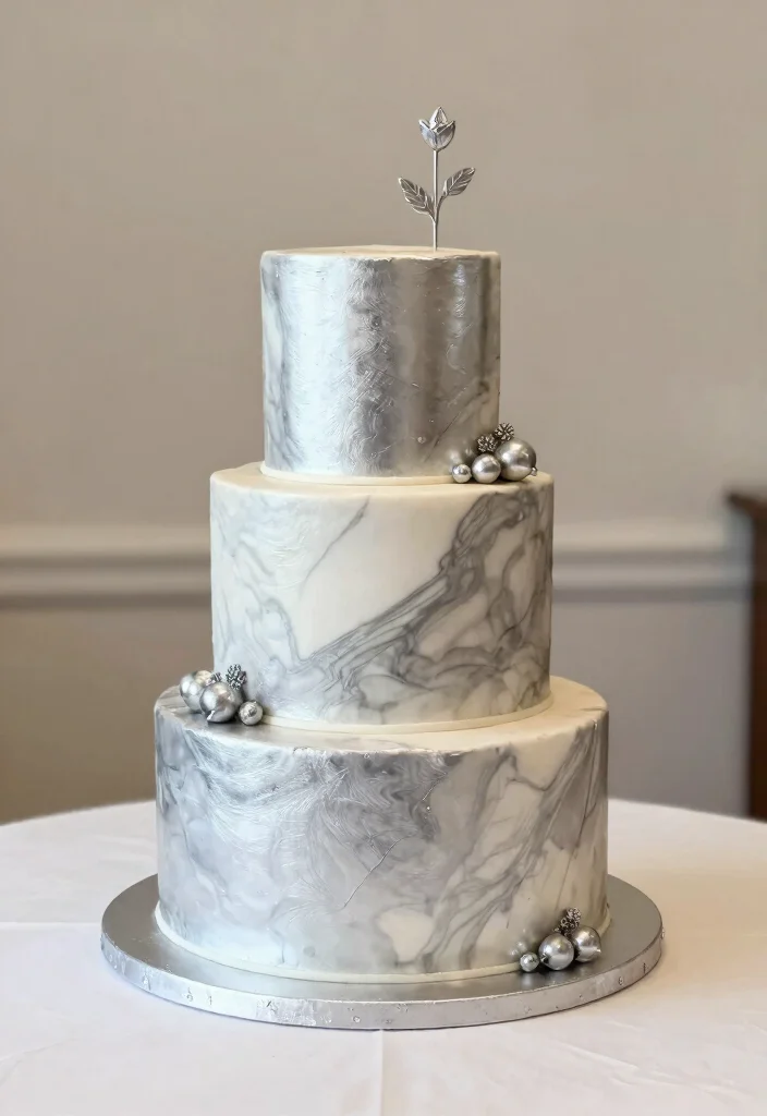 15 Silver Wedding Cake Ideas That Don't Show Fingerprints - 6. Silver and White Marble Cake 1