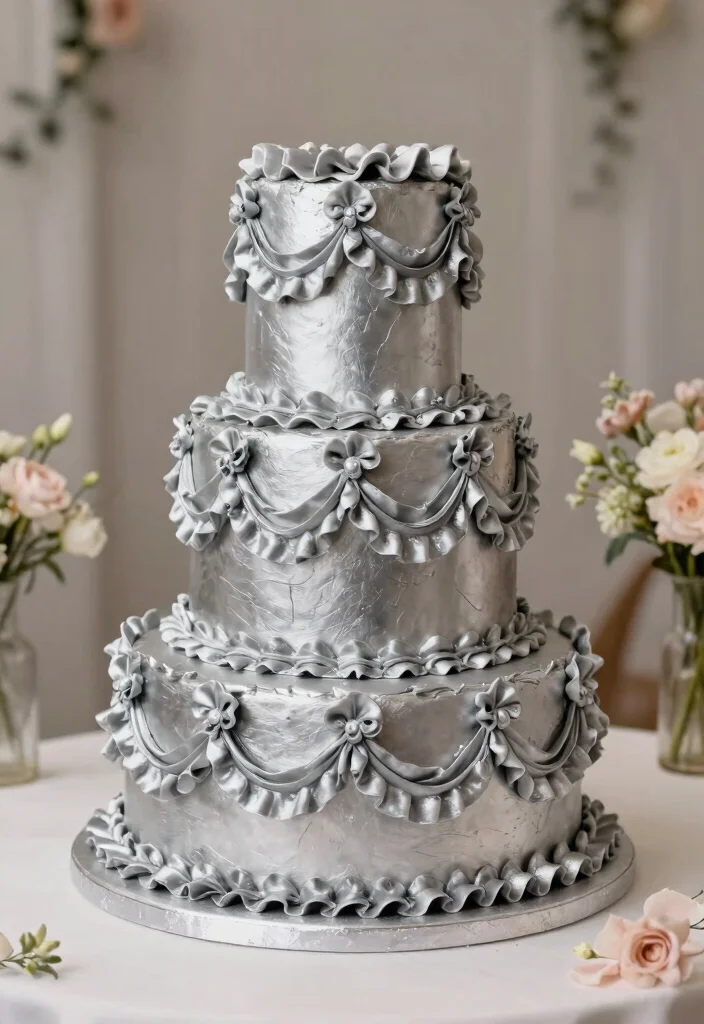 15 Silver Wedding Cake Ideas That Don't Show Fingerprints - 7. Silver Ruffles Cake 1
