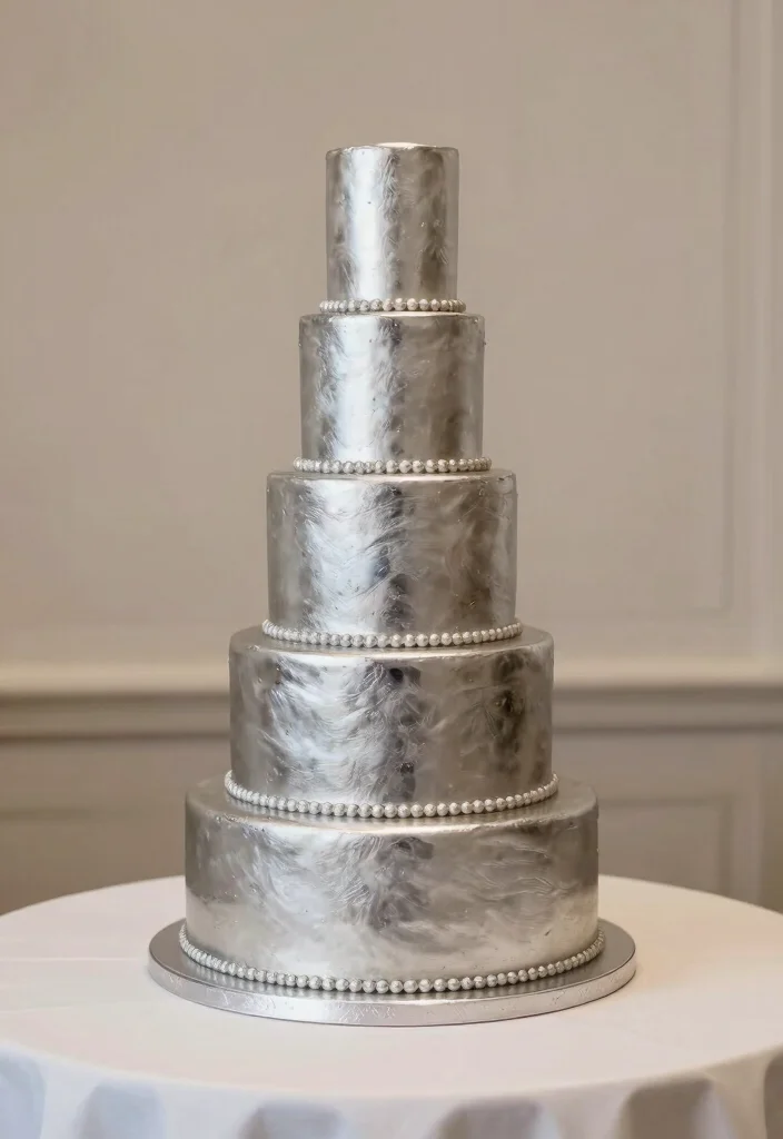 15 Silver Wedding Cake Ideas That Don't Show Fingerprints - 8. Silver Tiered Cake 1