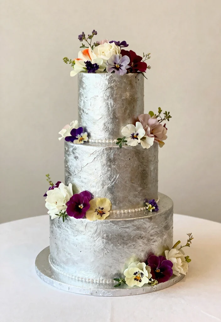 15 Silver Wedding Cake Ideas That Don't Show Fingerprints - 9. Silver and Floral Cake 1