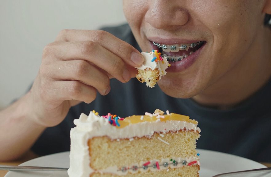 cake stuck in braces rinse remove gently seek help