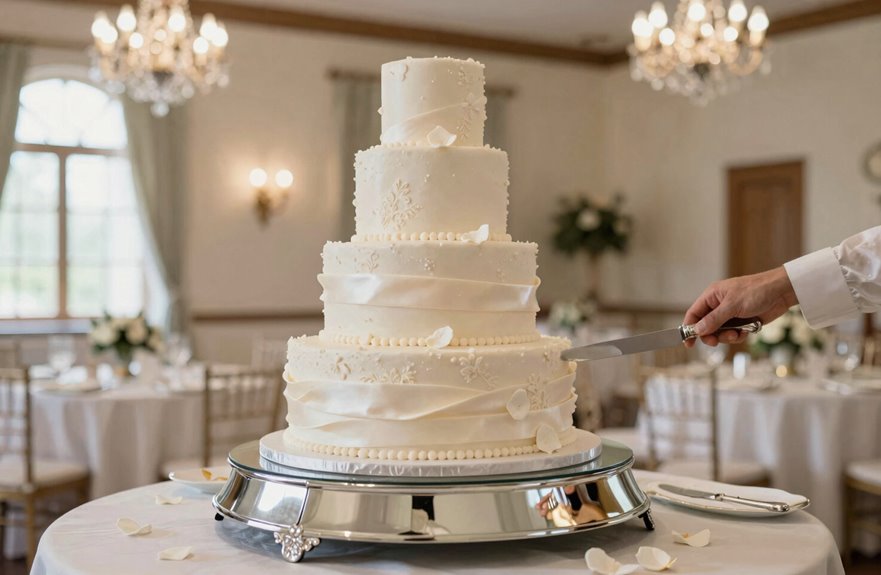 How Do You Cut a Wedding Cake? 2 remove top tier knife box