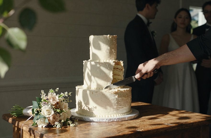 How Do You Cut a Wedding Cake? 5 stable shaded cake setup nearby